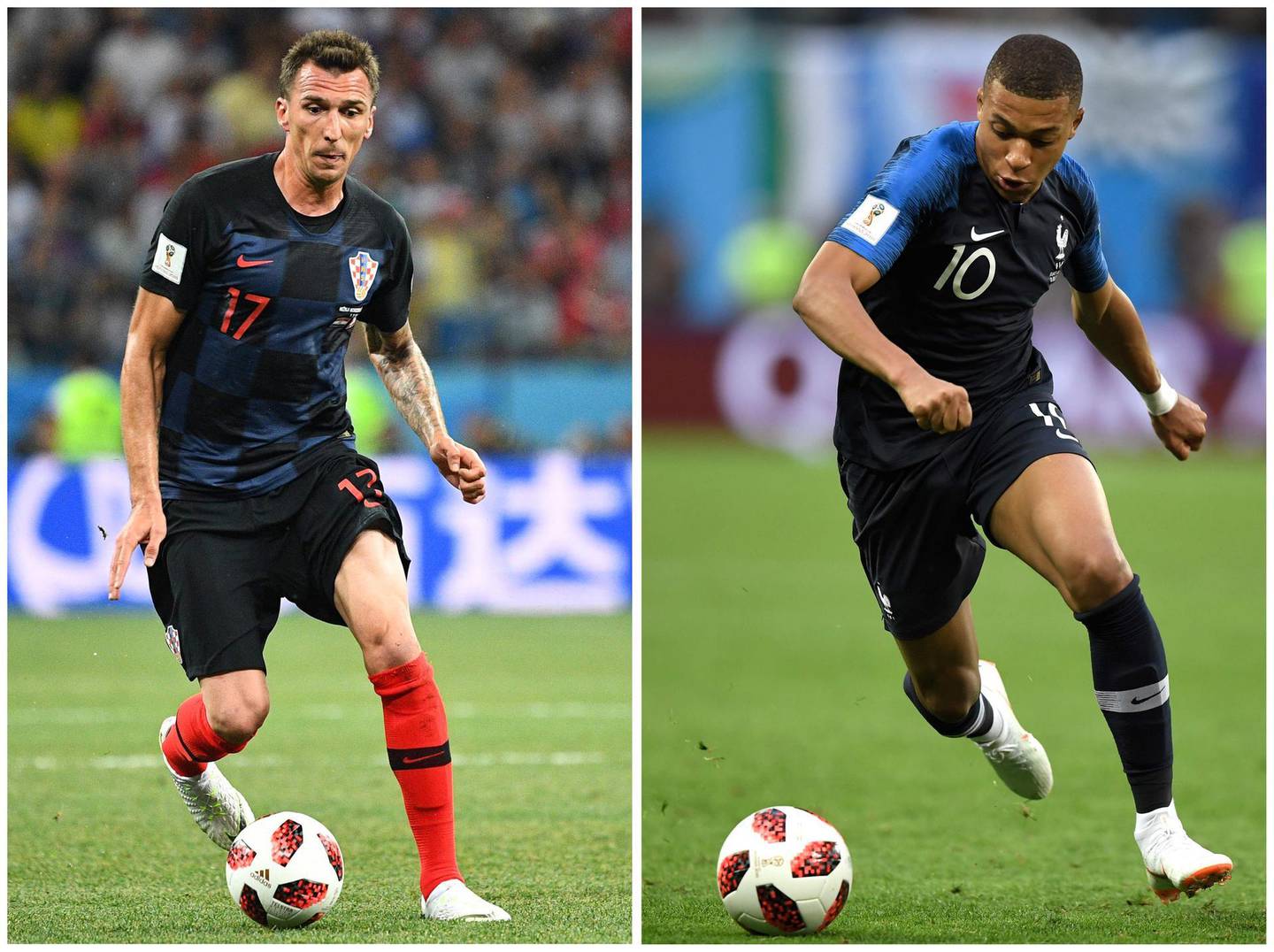 A combination of file pictures shows France's forward Kylian Mbappe (R) in Saint Petersburg on July 10, 2018 and Croatia's forward Mario Mandzukic in Nizhny Novgorod on July 1, 2018 during the Russia 2018 World Cup football tournament. France are firm favourites to win the final showpiece in Moscow on July 15, 2018 and become world champions for the second time -- 20 years after their first triumph in 1998. But they will come up against a hungry Croatia side. - 
 / AFP / Gabriel BOUYS AND Johannes EISELE
