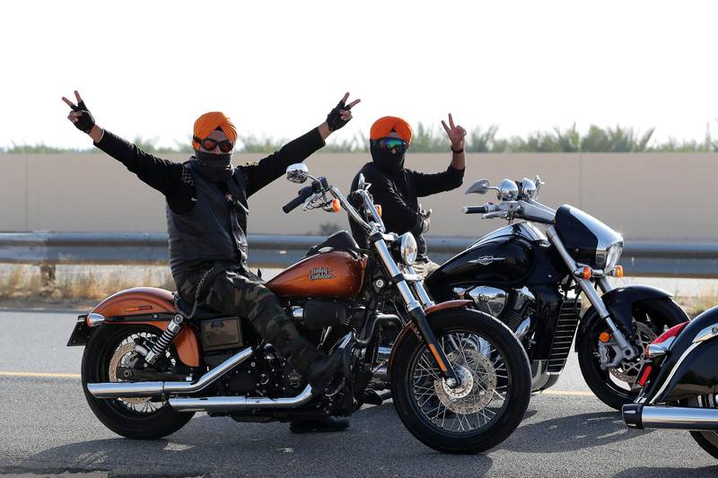 DUBAI ,  UNITED ARAB EMIRATES , May 17 – 2019 :- Members of the SMC ( Singhs Motorcycle Club UAE ) during the morning bike ride in Dubai. They are into charity events also. This Club was founded by Gurnam Singh and Tanuj Singh in 2014. They ride every Friday morning in different parts of the UAE. ( Pawan Singh / The National ) For Arts&Culture/Big Picture/Instagram/Online. Story by Kate