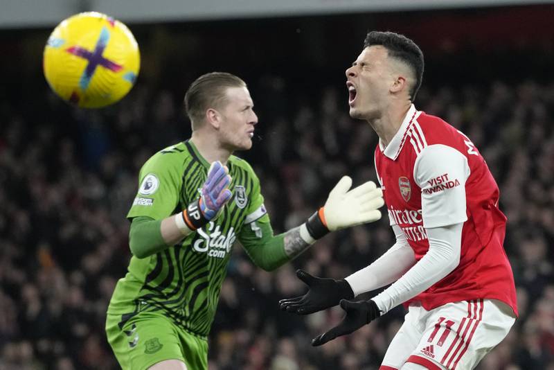 EVERTON RATINGS: Jordan Pickford - 5. Could do very little about Saka’s thunderous opener or Martinelli’s second in the first half. Did well to deny Nketiah, but again couldn't have done anything about the Gunners’ other two goals. AP Photo