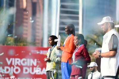 Winners of the women's elite category of the Abu Dhabi Marathon. 