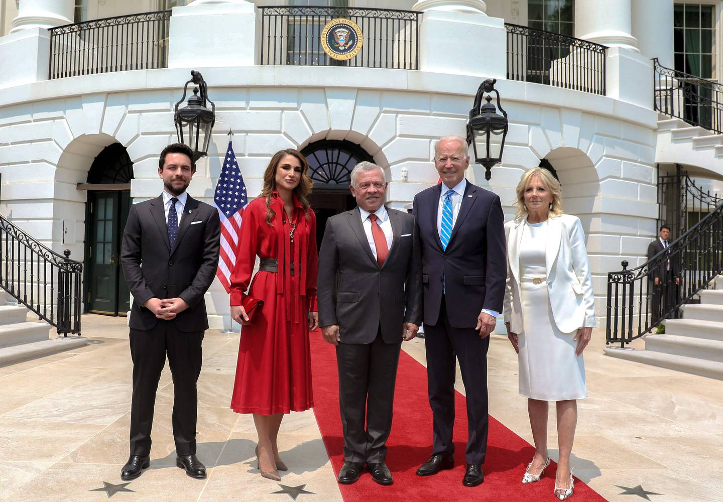 Jordanian King Abdullah, his wife Queen Rania (C-L), Crown Prince Hussein bin Abdullah II (L), US President Joe Biden and Jill Biden (R) in Washington, on July 19. Jordanian Royal Palace / AFP