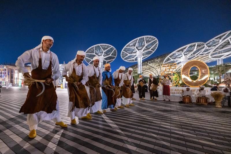 The Moroccan Troupe's rhythmic dance is inspired by the harvesting traditions of Had Gharbia. Photo: Expo 2020 Dubai