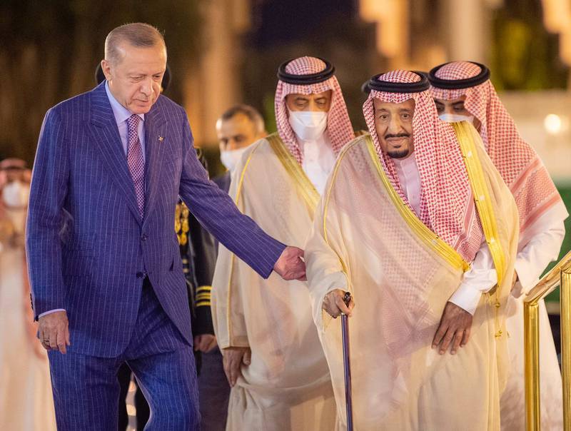 Saudi King Salman walks with Turkish President Recep Tayyip Erdogan at Al Salam Palace in Jeddah, Saudi Arabia. All photos: SPA