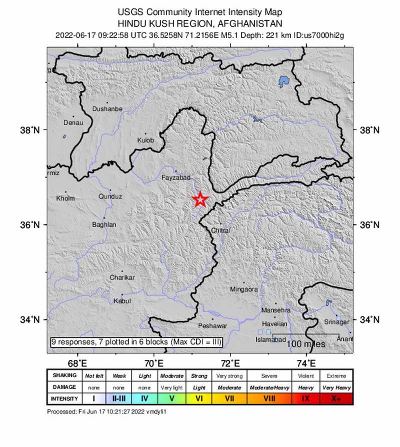 A map showing the location of a magnitude 5.1 earthquake in north-eastern Afghanistan. Photo: US Geological Survey