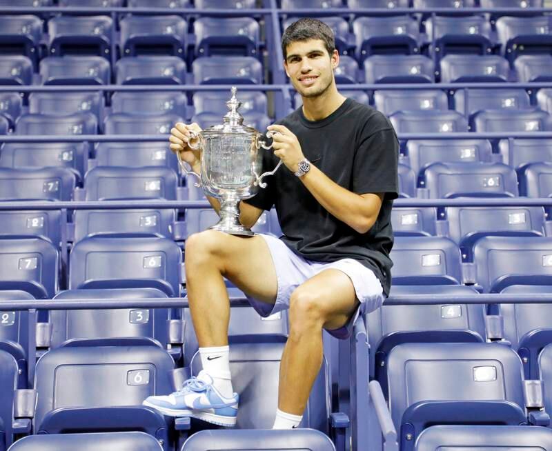 Carlos Alcaraz of Spain poses inside the Arthur Ashe Stadium with the championship trophy after defeating Casper Ruud of Norway during the men's final match at the US Open at the USTA National Tennis Center in Flushing Meadows, New York, USA, 11 September 2022. EPA
