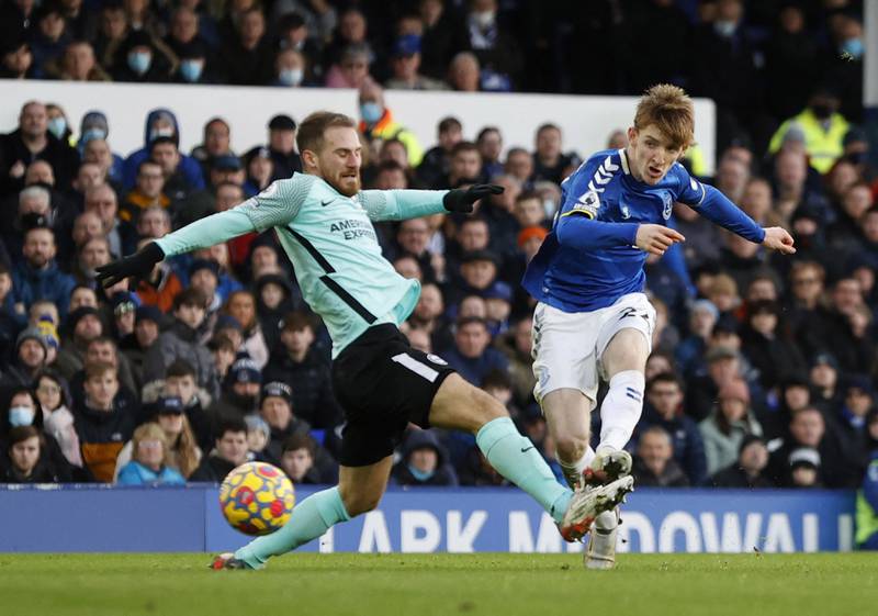 Anthony Gordon scores Everton's first goal. Reuters