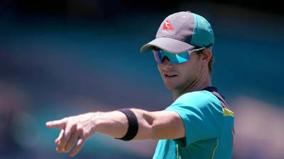 Australia's Steve Smith points as his team warms up for their one day international cricket match against England in Sydney, Sunday, Jan. 21, 2018. (AP Photo/Rick Rycroft)