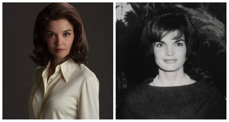 Katie Holmes as Jackie Kennedy: The actress played Jackie Kennedy in ‘The Kennedys’ and ‘The Kennedys: After Camelot’ opposite Greg Kinnear as JFK. ‘She was so graceful, even when she was scared or sad,’ Holmes told ‘Town and Country’. ‘I really admire her protection of the Kennedy name, her husband and how much she wanted her children to be as grounded and normal and successful on their own as possible.’ Courtesy Reelzchannel, Getty Images
