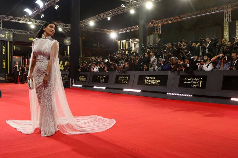 Jordanian actress Saba Moubarak poses on the red carpet at the closing ceremony of the 40th edition of the Cairo International Film Festival. Photo / AFP