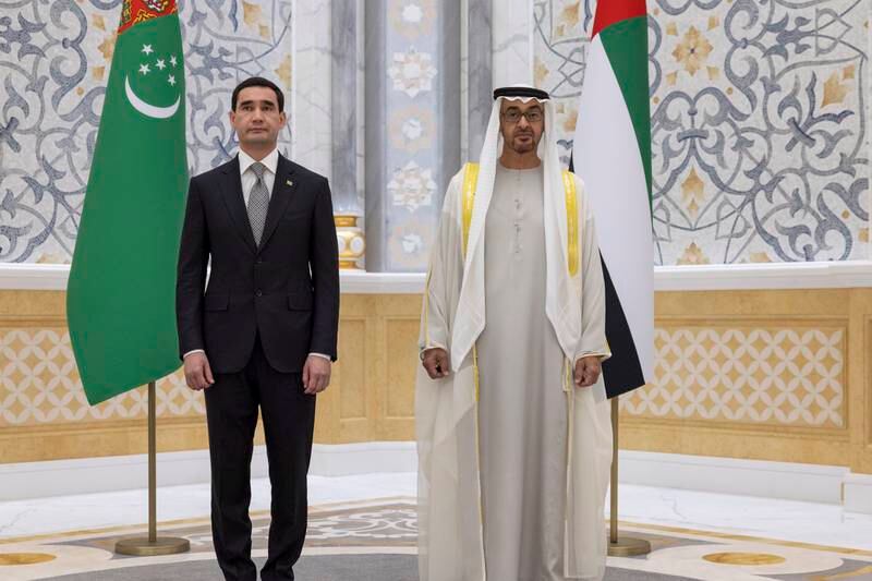 Sheikh Mohamed and Mr Berdimuhamedow pose for a photograph during the official reception. Photo: UAE Presidential Court 