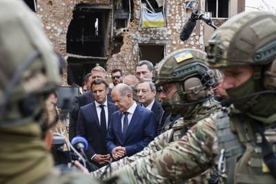The leaders of France, Germany, Italy and Romania arrived in Kyiv in a show of collective European support for Ukraine. AP