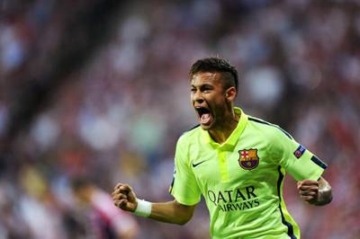 Barcelona's Neymar celebrates after helping his side draw level after Bayern Munich had taken the early lead. Tobias Hase /DPA