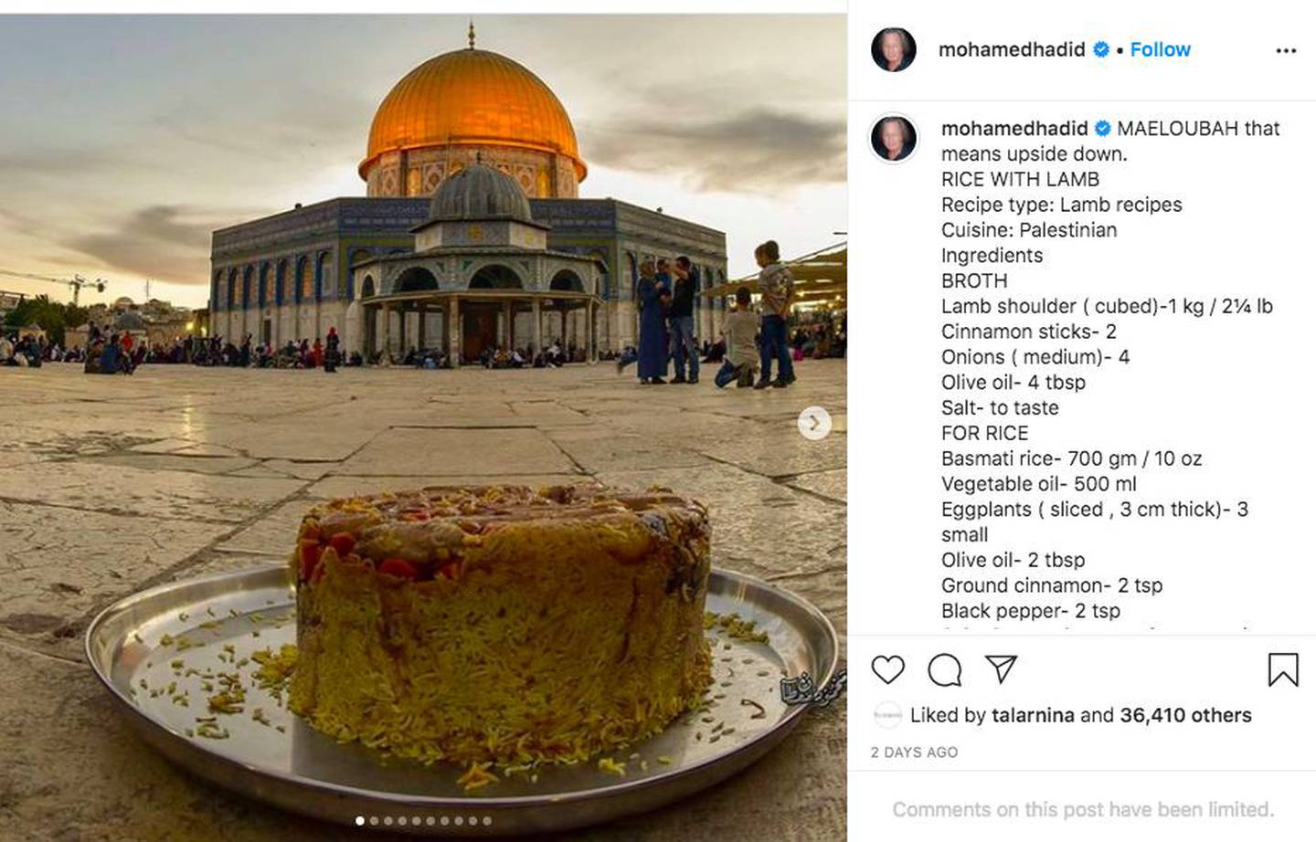 Mohamed Hadid's maeloubah recipe, which he shared on Instagram. Instagram / Mohamed Hadid
