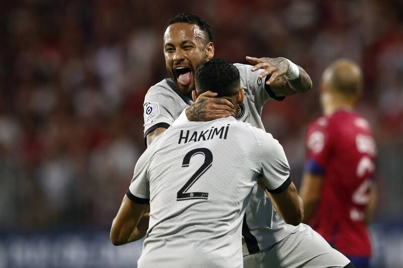 Paris Saint-Germain's Achraf Hakimi celebrates with Neymar after scoring. EPA