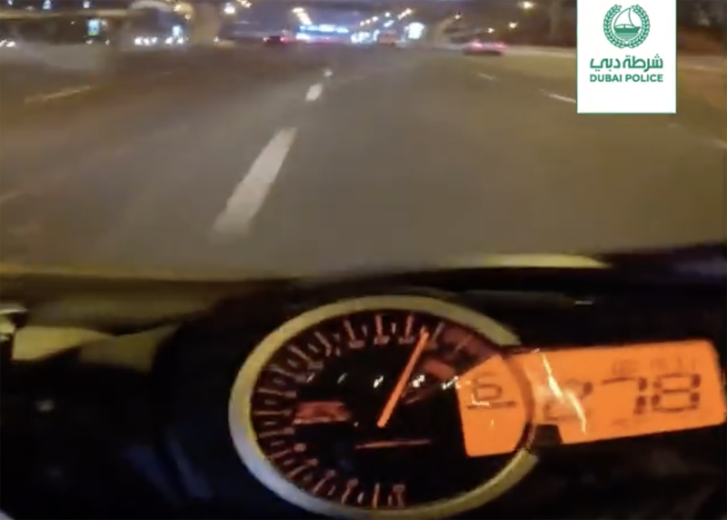 Dubai Police gave 23 black points to a motorcyclist who filmed himself reaching 280km/ph on a main road. Photo: Dubai Police