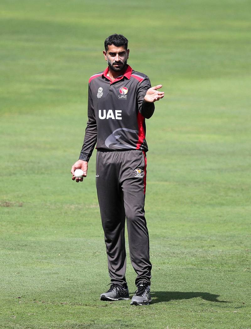 Dubai, United Arab Emirates - October 14, 2019: The UAE's captain Ahmed Raza during the ICC Mens T20 World cup qualifier warm up game between the UAE and Scotland. Monday the 14th of October 2019. International Cricket Stadium, Dubai. Chris Whiteoak / The National