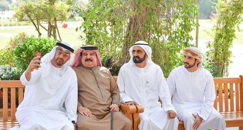 Sheikh Mohamed bin Zayed captures the moment during his visit to Love Lake with the king of Bahrain and Sheikh Mohammed bin Rashid and Sheikh Hamdan bin Mohammed.    