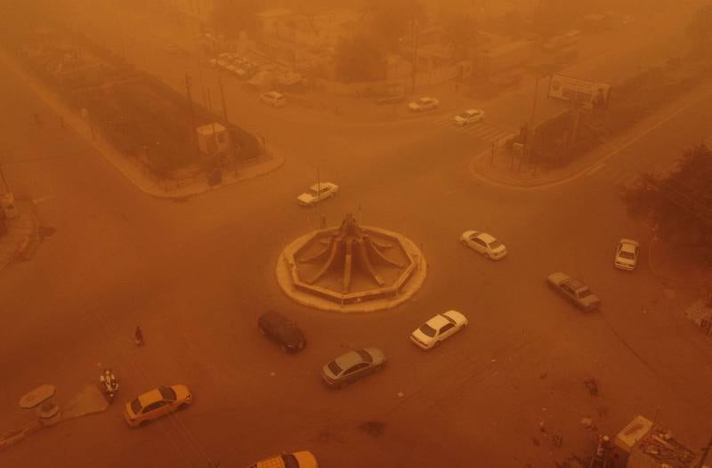 An aerial view of Iraq's southern city of Nasiriyah during a heavy sandstorm. AFP