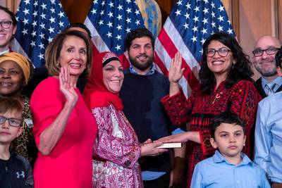 Democratic Representative from Michigan Rashida Tlaib (2-R), participates in a ceremonial swearing-in photograph with Democratic Speaker of the House Nancy Pelosi (2-L), during the first day of the 116th Congress.  EPA