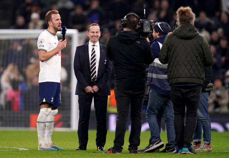 Tottenham Hotspur's Harry Kane is interviewed after the match. PA
