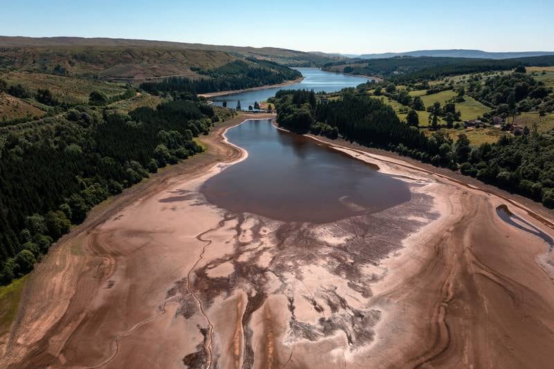 The low water level at Pontsticill Reservoir near Merthyr Tydfil, Wales. Getty Images