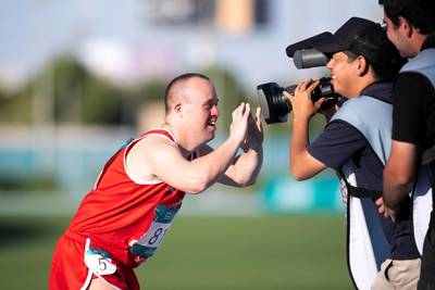 DUBAI, UNITED ARAB EMIRATES - March 19 2019.Special Olympics World Games athletics competition in Dubai Police Academy Stadium. (Photo by Reem Mohammed/The National)Reporter: Section:  NA