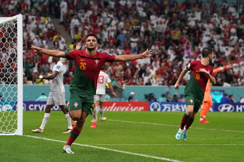 Goncalo Ramos celebrates scoring Portugal's fifth goal and his hat-trick in the 6-1 Round of 16 win against Switzerland at the Lusail Stadium on December 6, 2022. PA