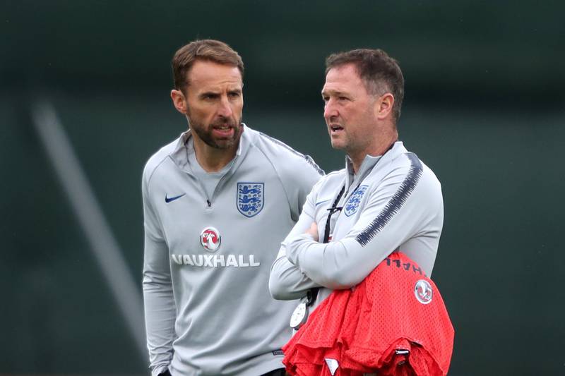 England manager Gareth Southgate and assistant manager Steve Holland during training. Reuters