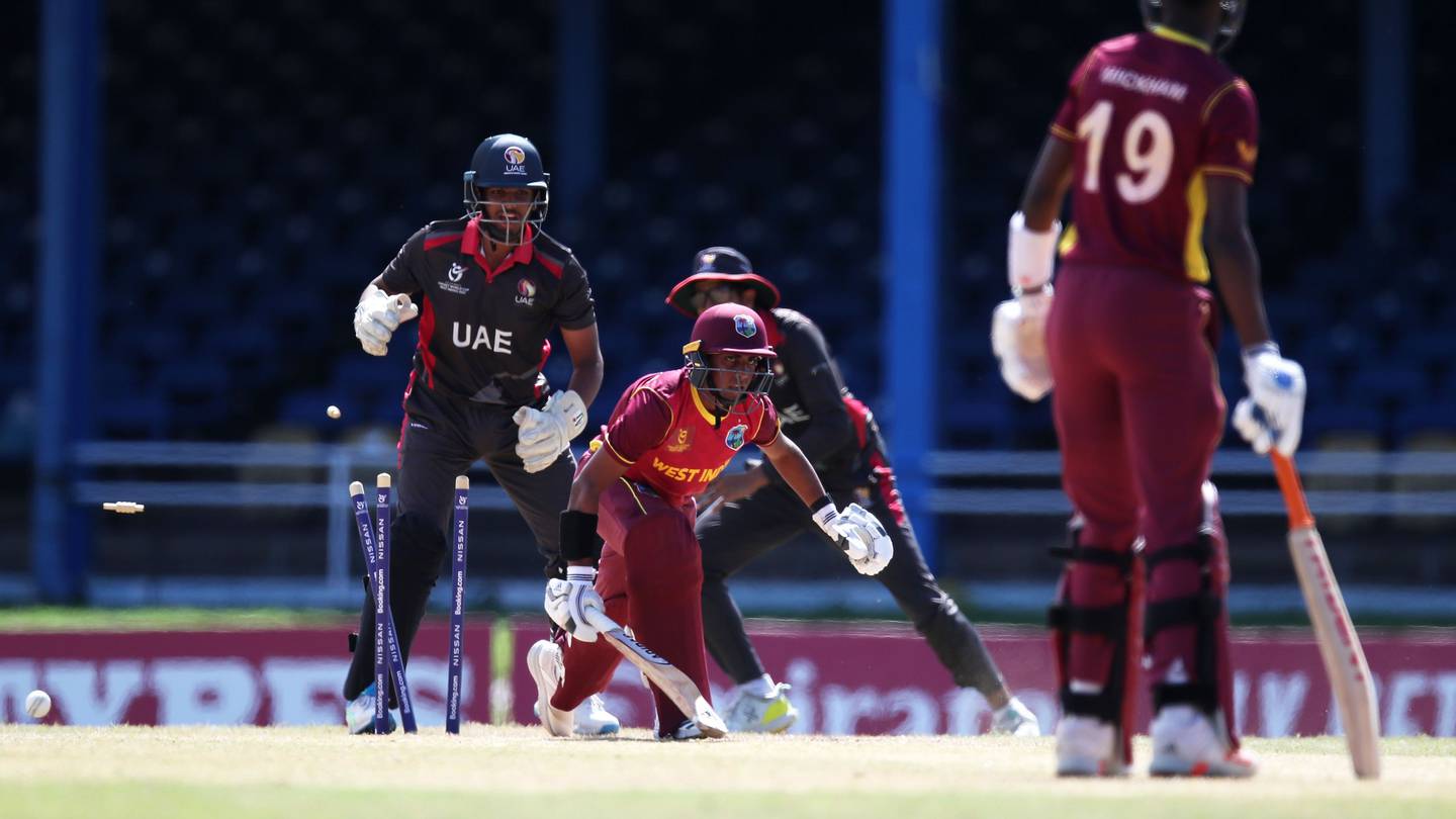Matthew Nandu of West Indies is bowled by Jash Giyanani of UAE. Photo: ICC