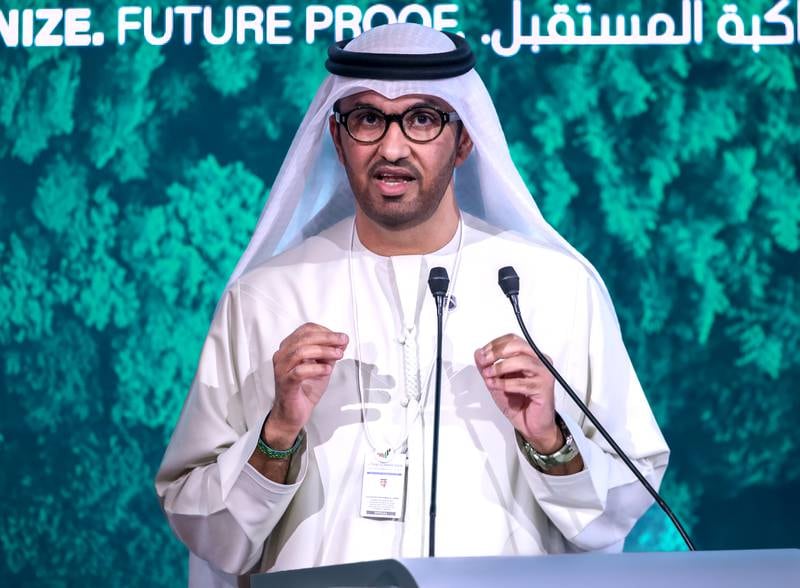 Dr Sultan Al Jaber, President-designate of the Cop28 summit, at the UAE Climate Tech forum in Abu Dhabi. Victor Besa / The National