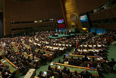 epa08668129 epa05422294 A general view shows the General Assembly Hall as candidates for the post of United Nations Secretary-General (back) attend a Global town hall meeting at United Nations (UN) Headquarters in New York, New York, USA, 12 July 2016 (reissued 14 September 2020). The 75th UN General Assembly (UNGA) session begins on 15 September 2020 with most meetings including the General Debate on 22 September being held in a virtual format due to the ongoing coronavirus pandemic.  EPA/PETER FOLEY *** Local Caption *** 52885085