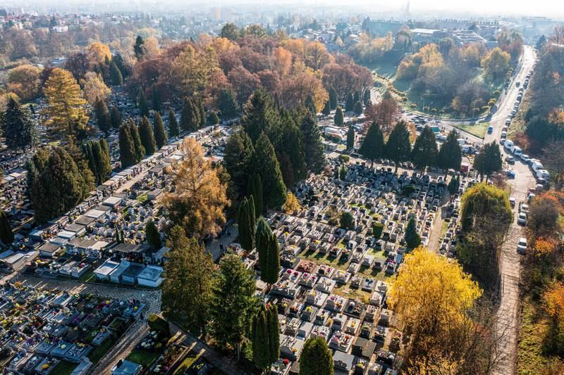 A picture taken with a drone shows the Zasanski Cemetery on All Saints' Day in Przemysl, south-eastern Poland. On this day, people all over Poland visit the graves of loved ones. EPA