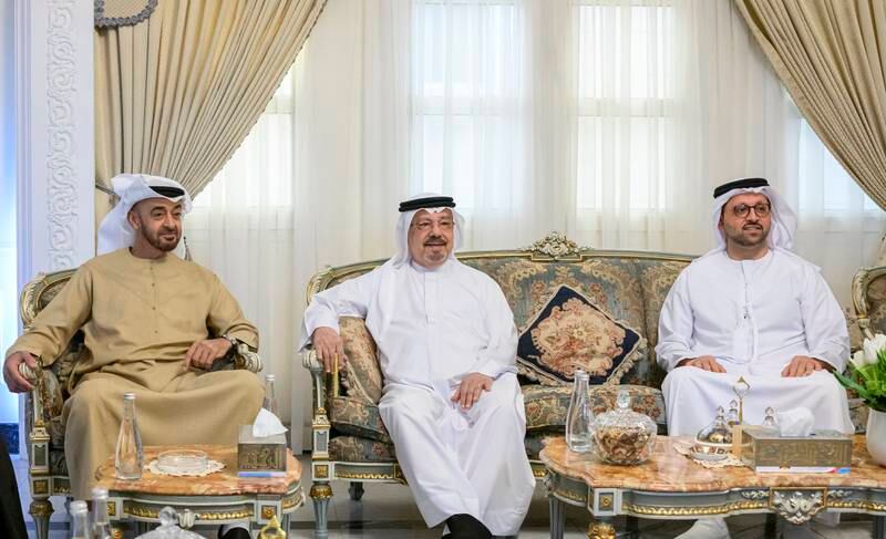 President Sheikh Mohamed visits the home of Ali Mohammed Al Shorafa Al Hammadi. Seen with Mohammed Ali Al Shorafa Al Hammadi, right, chairman of the Abu Dhabi Department of Economic Development.