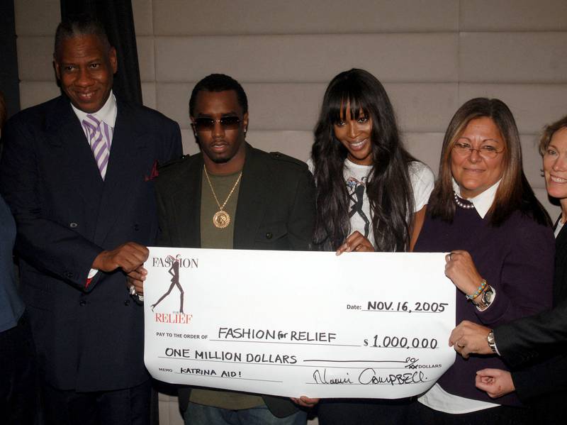 Andre Leon Talley, Sean 'P Diddy' Combs, Naomi Campbell and Fern Mallis attend a press conference promoting Fashion for Relief at the Bryant Park Hotel on November 16, 2005 in New York City. AFP