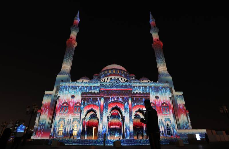 An illuminated Al Noor Mosque during the Sharjah Light Festival. EPA