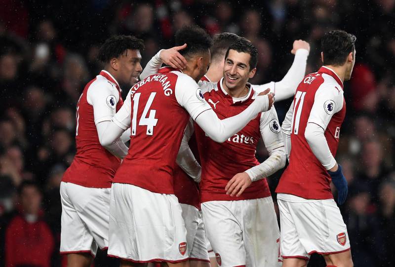 Soccer Football - Premier League - Arsenal vs Everton - Emirates Stadium, London, Britain - February 3, 2018   Arsenal's Pierre-Emerick Aubameyang celebrates their first goal with Henrikh Mkhitaryan    Action Images via Reuters/Tony O'Brien    EDITORIAL USE ONLY. No use with unauthorized audio, video, data, fixture lists, club/league logos or "live" services. Online in-match use limited to 75 images, no video emulation. No use in betting, games or single club/league/player publications.  Please contact your account representative for further details.