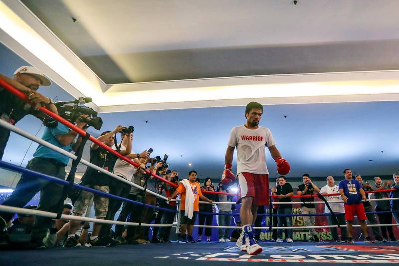 Manny Pacquiao takes part in a training session at a gym in Kuala Lumpur ahead of his WBA world welterweight bout against Argentina's Lucas Matthysse on July 15.  EPA
