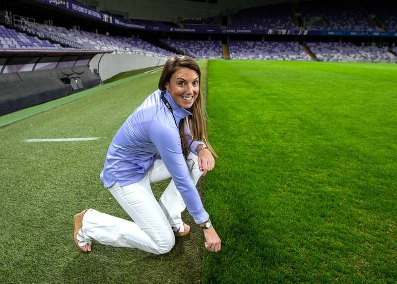 Amy on the pitch at Al Ain's Hazza bin Zayed Stadium. Photos by Victor Besa / The National
