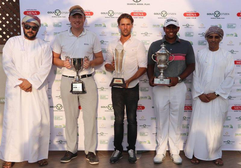 Tyler Hogarty, second left, won the Mena Golf Tour Championship at Muscat Hills; Craig Hinton, centre, won the Tour's Order of Merit while Rayhan Thomas, second right, picked up the amateur Order of Merit title. Courtesy Mena Golf Tour