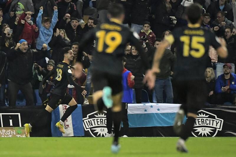 Intercity midfielder Oriol Soldevila celebrates scoring against Barcelona. AFP