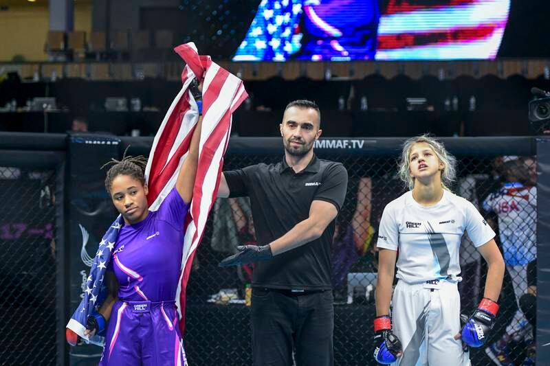 Member of the the US team won her bout against Ukraine at Zayed Sports City, Abu Dhabi. Khushnum Bhandari / The National
