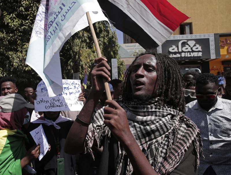 Demonstrators protest in Khartoum against military rule on February 14. AP