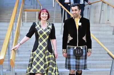 Angela Constance and Mr Yousaf of the SNP after being sworn in at the Scottish Parliament in 2016 in Edinburgh. Getty Images