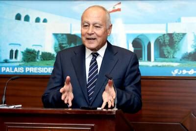 Arab League Secretary-General Ahmed Aboul Gheit gestures as he talks at the presidential palace in Baabda, Lebanon November 20, 2017. Dalati Nohra/Handout via REUTERS ATTENTION EDITORS - THIS IMAGE HAS BEEN SUPPLIED BY A THIRD PARTY