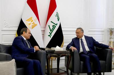 Prime Minister Mustafa Al Kadhemi meeting with Egyptian President Abdel Fattah El-Sisi in Baghdad. AFP, HO – Iraqi Prime Minister's Office