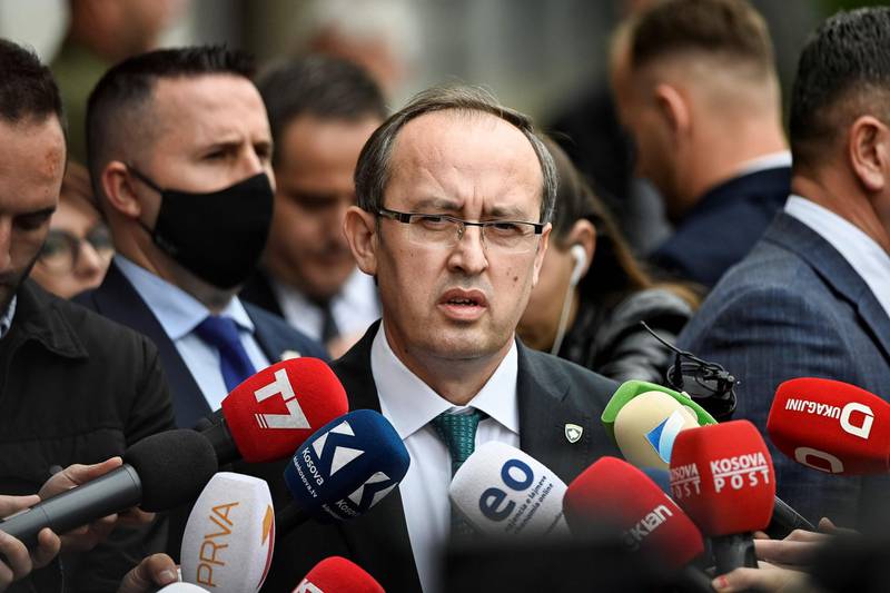Prime Minister of Kosovo Avdullah Hoti speaks to the media in Pristina on June 03, after a parliament session. Armend Nimani / AFP