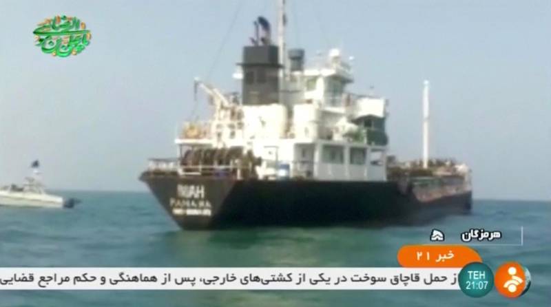 Tanker called "RIAH" which, according to Iranian State TV, was smuggling fuel in the Gulf, is seen in this screen grab obtained from a video. July 18, 2019. IRINN/Reuters TV via REUTERS ATTENTION EDITORS - THIS IMAGE WAS PROVIDED BY A THIRD PARTY. IRAN OUT. NO COMMERCIAL OR EDITORIAL SALES IN IRAN. Broadcasters: NO USE IRAN. NO USE BBC PERSIAN. NO USE MANOTO. NO USE VOA PERSIAN Digital: NO USE IRAN. NO USE BBC PERSIAN. NO USE MANOTO. NO USE VOA PERSIAN . For Reuters customers only.