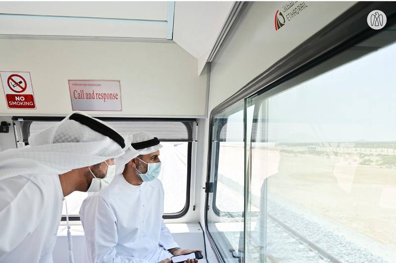 Sheikh Theyab checked the latest progress during a 10km trip aboard an inspection and supervision train.
