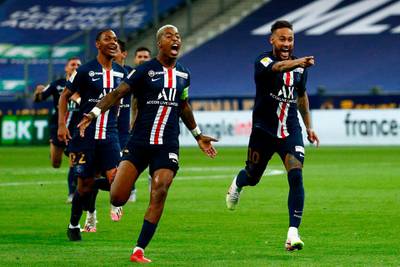 Neymar , right, defender Presnel Kimpembe and teammates celebrate. AFP