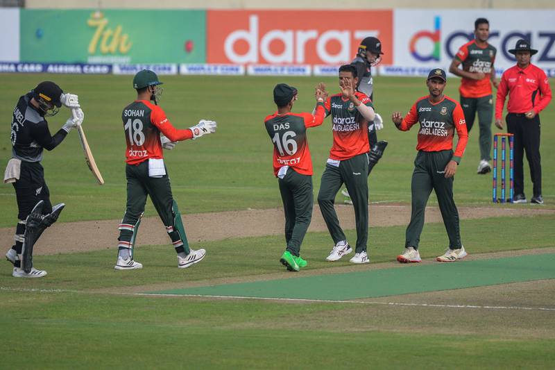 Bangladesh celebrate after the wicket of Tom Blundell at the Sher-e-Bangla National Stadium. AFP